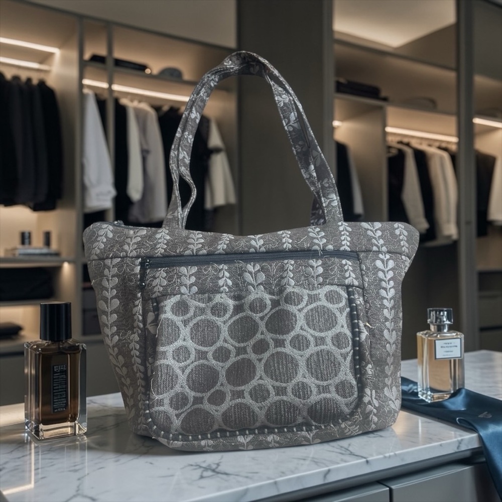 Maruca Patterned Gray Tote Bag with Front Pocket - Women's Everyday Carry